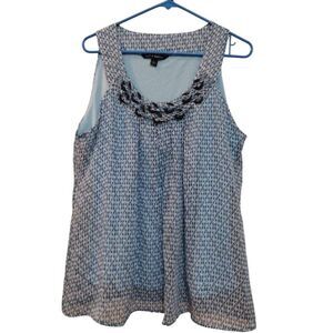 Zac And Rachel Blouse Women L Blue Black Geometric Sleeveless Lined Ring on Neck